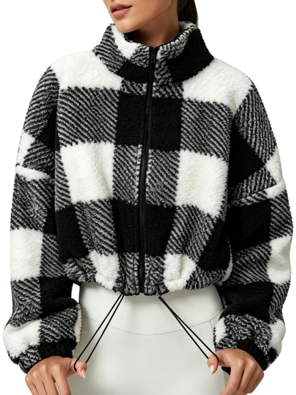 Women Black Plaid Fleece Full ZIP Stand Collar Baggy Cropped Short Sherpa Jacket